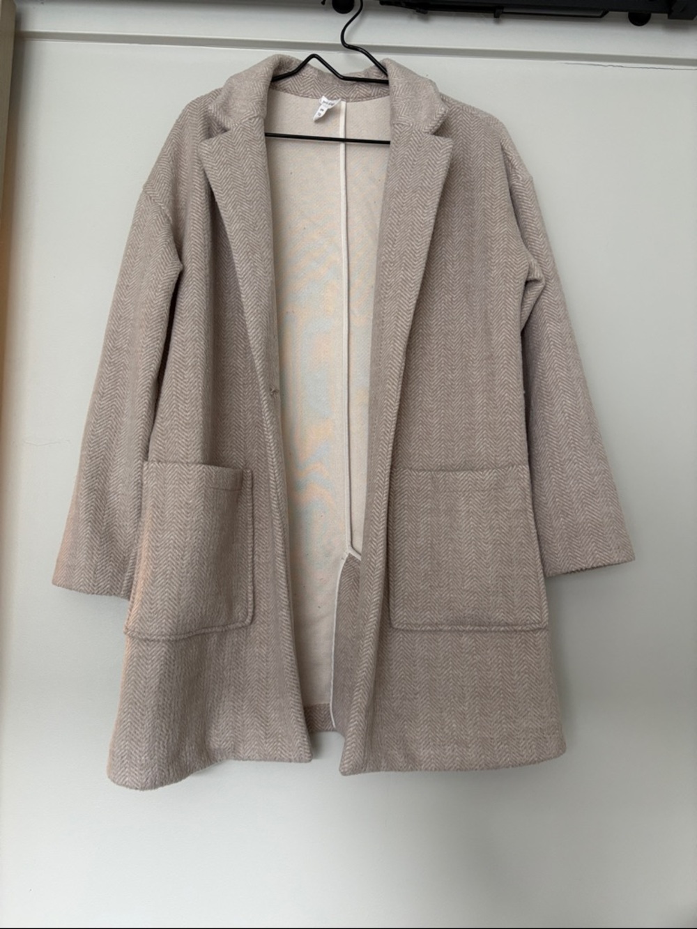 Light Taupe Open-Front Herringbone Trench Coat